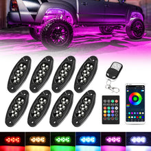 Load image into Gallery viewer, 8-Pcs-RGB-Universal-LED-Rock-Lights-with-Bluetooth-APP-and-Remote-Control-vehicle-show.jpg
